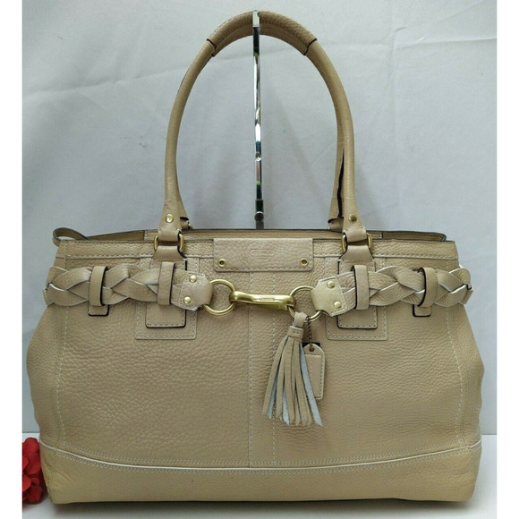 Coach Hampton Beige Pebbled Leather Braided Band Large Tote Shoulder Bag - $458 - Picture 1 of 15